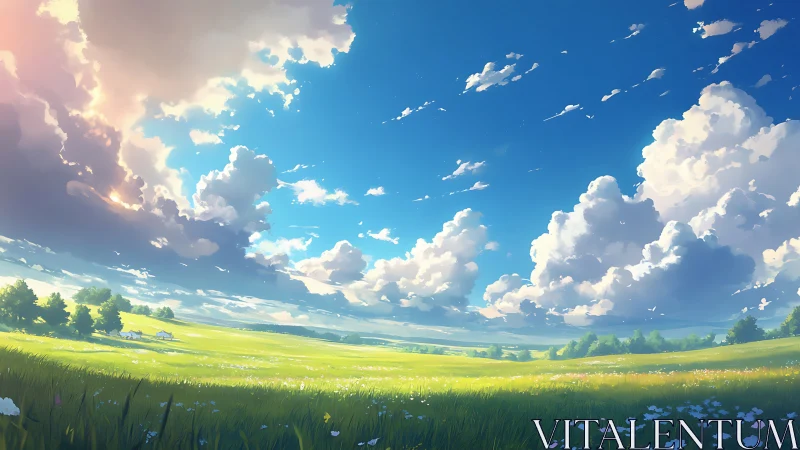 Digital painting of luminous summer meadow under vast sky.