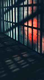 Gridded light and shadow on interior wall and floor surface.