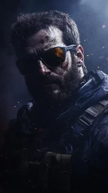 Battle-hardened shadow soldier wrapped in ember-lit gloom.