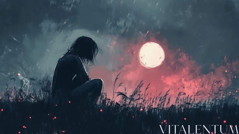 Silhouetted figure on hillside under large moon at dusk.