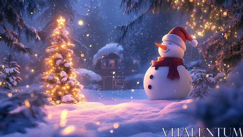 Snowman beside lit Christmas tree in snowy forest scene.