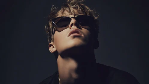 Male subject in sunglasses under directional studio lighting.