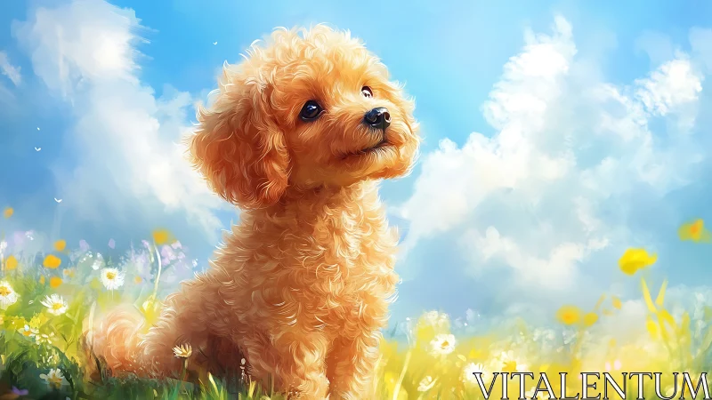 Curly haired puppy in bright wildflower meadow under sky.