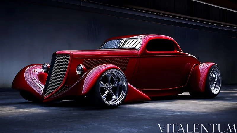 Red custom hot rod coupe in dark industrial garage scene.