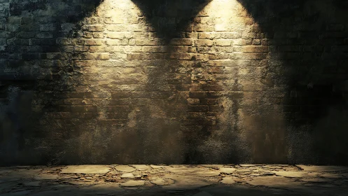 Moody brick wall backdrop with dramatic top lighting structure.