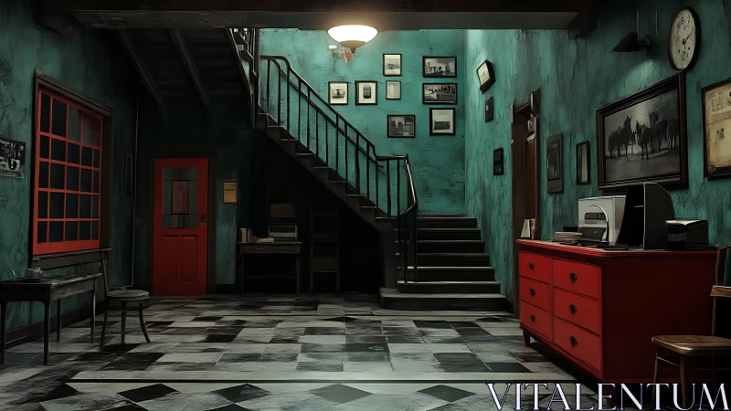 Dim hallway interior with teal walls and red furniture.