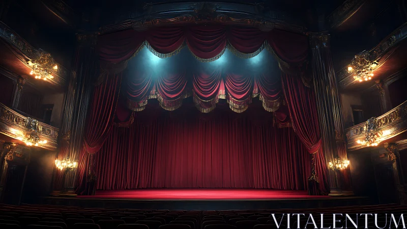 Proscenium stage with draped crimson curtain under spotlights.