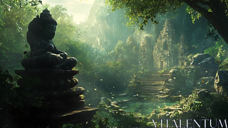Quiet jungle temple and meditating statue at first light.