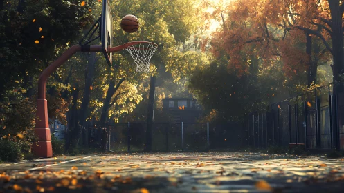 Outdoor basketball court in autumn light with falling leaves.