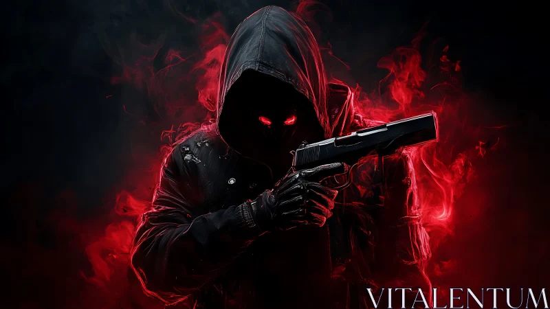 Hooded gunman with red smoke and glowing eyes portrait.