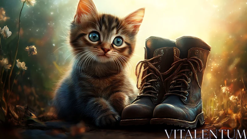 Whimsical Kitten with Lace Boots in Luminous Garden Setting.