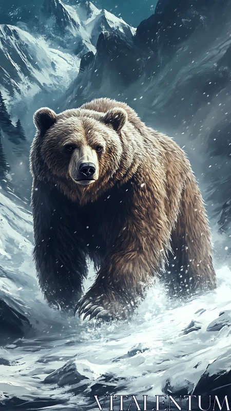 Brown bear walking through snowy alpine river landscape.