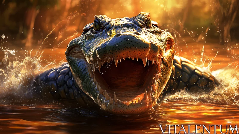 Aggressive crocodilian lunge in sunlit river, high-detail render