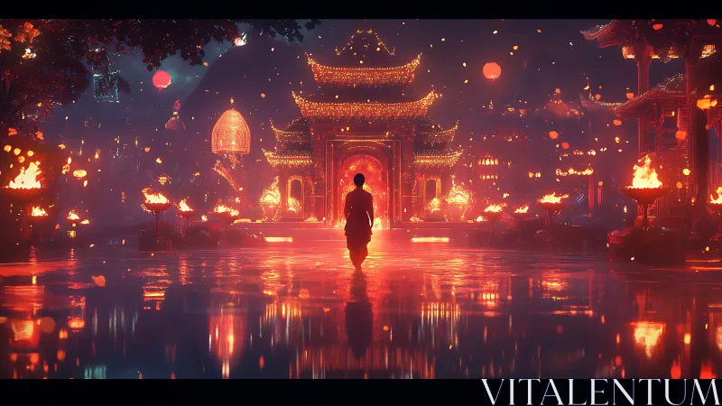 Solitary figure walks toward illuminated temple complex