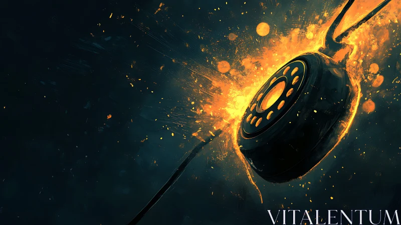 Glowing speaker driver with explosive fire particles against dark teal background