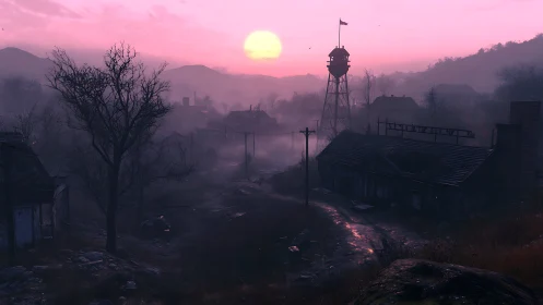 Post-apocalyptic village at misty pink industrial sunset.