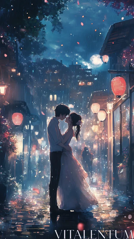 Romantic couple kissing in rainy lantern lit night street.