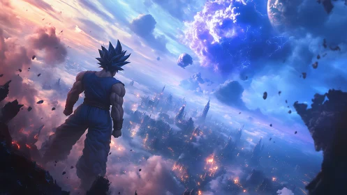 Spiky haired warrior overlooks burning futuristic cityscape.