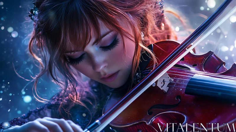 Violinist in luminous blue bokeh with vivid red instrument.