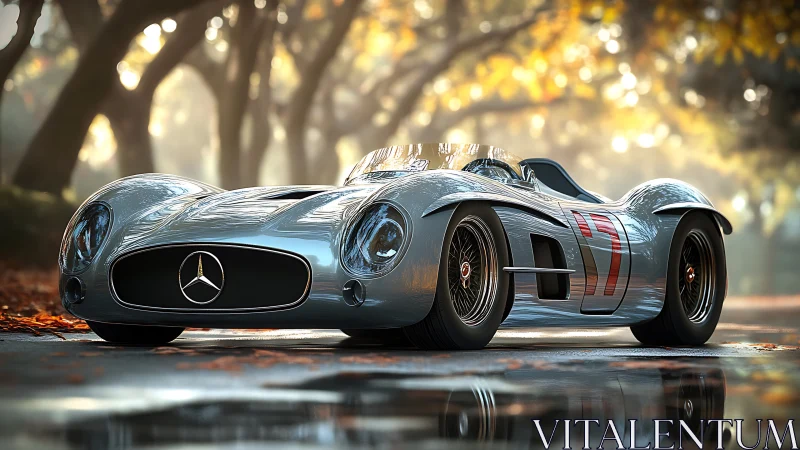 Silver classic Mercedes race car stands on wet tree-lined road