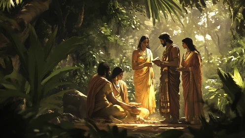 Ancient scholars share scriptures under dense jungle canopy