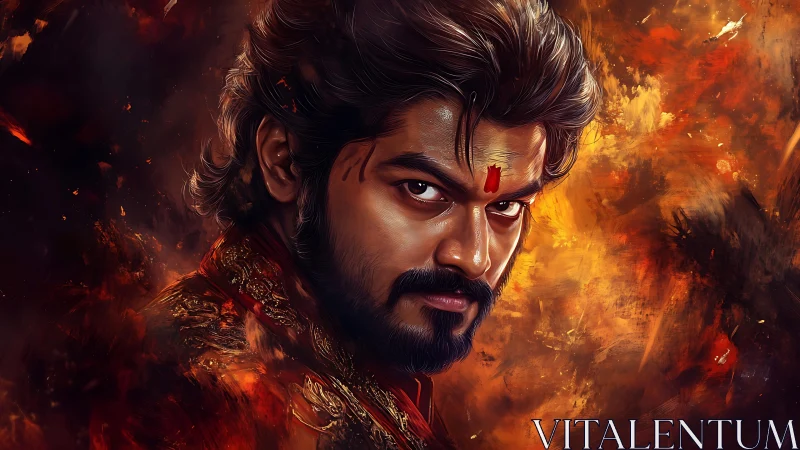 Male portrait with forehead mark amid abstract warm tones.