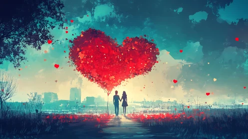 Two figures beneath massive red heart-shaped tree with particle luminescence.