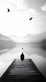 Monochrome lakeside pier with solitary figure and layered misty mountains