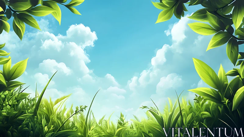 Lush Greenery and Blue Sky in Digital Nature Art Style.