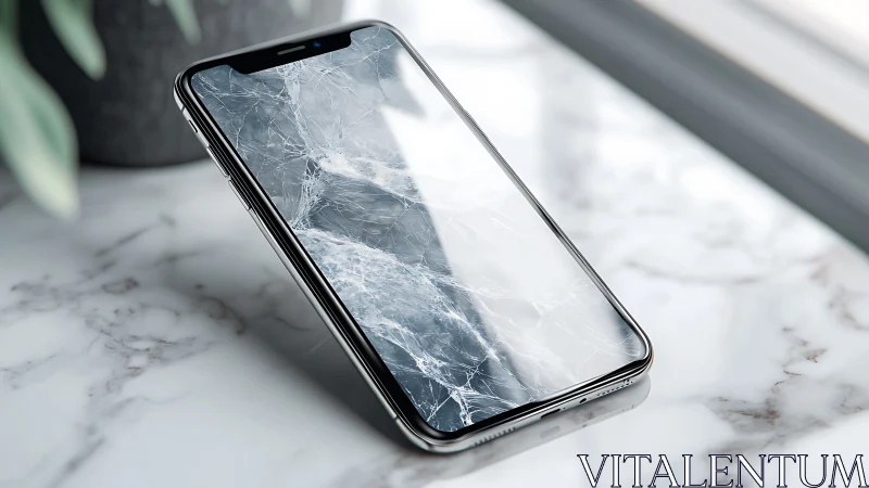 Smartphone with cracked screen on reflective marble surface.