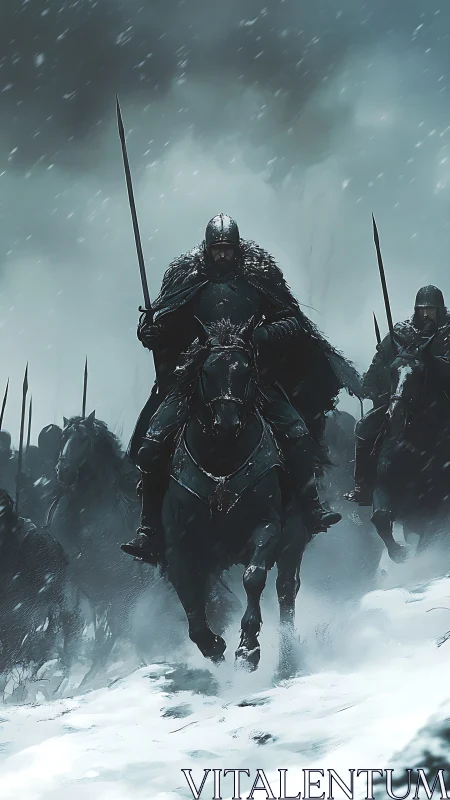 Armored cavalry charge advances through dense polar blizzard