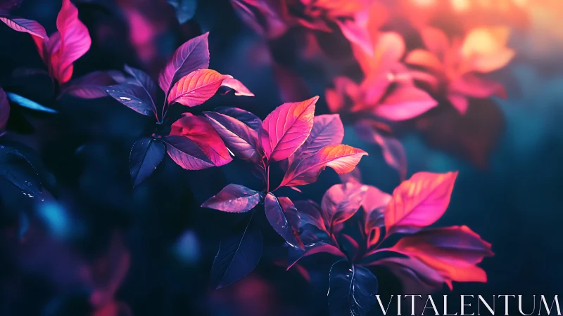 Bokeh-lit magenta foliage rendered with high saturation contrast