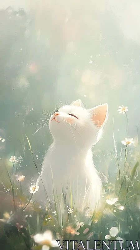 White cat basks in soft morning light among wildflowers.