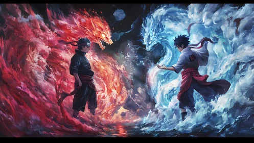 Elemental duel unites fire dragon vortex and water dragon spiral