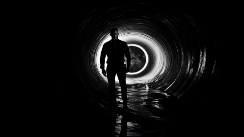 Suited silhouette strolling toward a glowing tunnel exit.