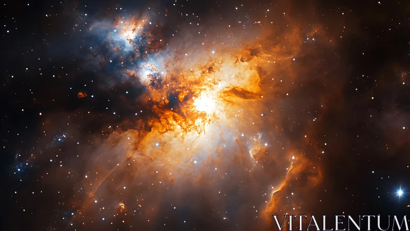 Stellar nebula eruption amid glowing dust and starscape.