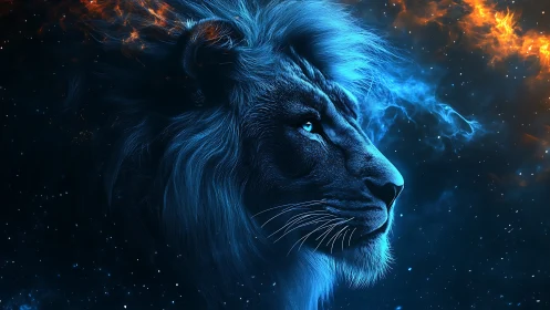 Celestial blue lion gazing bravely into the starry cosmos.