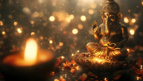 Golden Ganesha listens to lampfire whispers in drifting bokeh