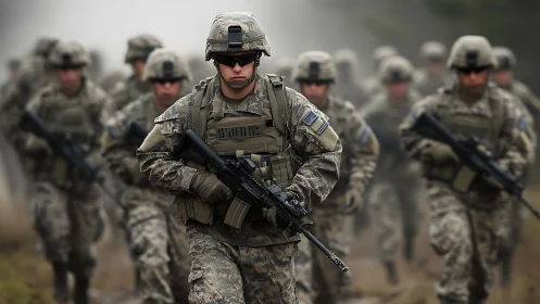 Infantry unit advancing through misty outdoor terrain field.