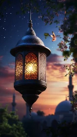 Ornate lantern illuminates dusk sky above distant mosque