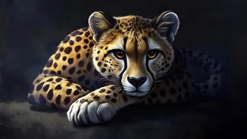 Golden-Eyed Predator: Digital Cheetah Portrait in Repose.