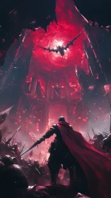 Crimson cloaked warlord facing demonic vortex in battle cathedral.