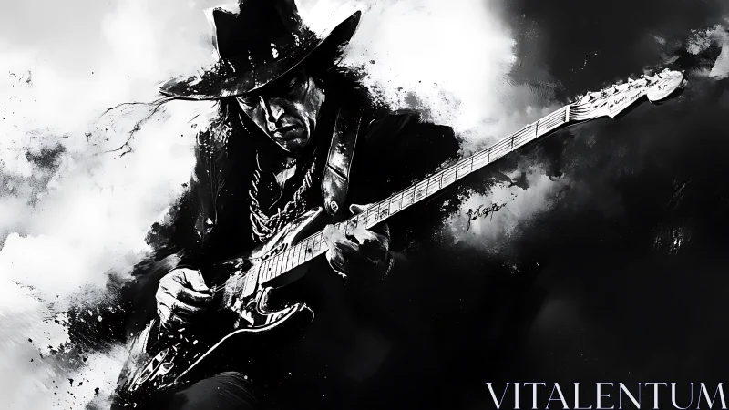 Electric guitarist in black and white dynamic portrait.