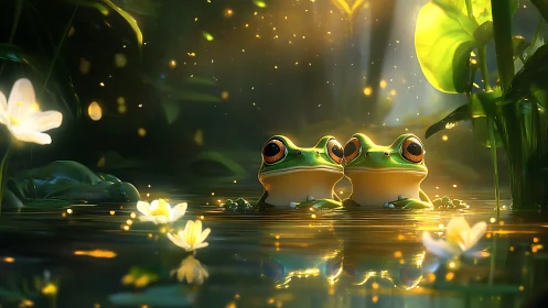 Enchanted pond scene shows three glowing frogs at twilight