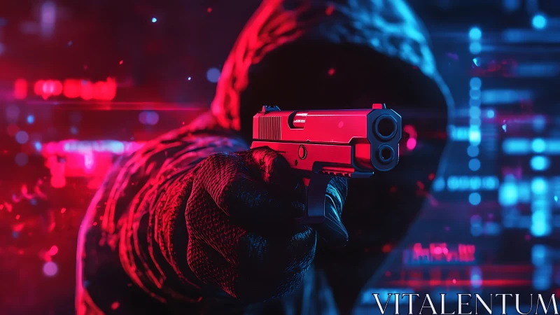Neon hooded gunman stares down the digital underworld.