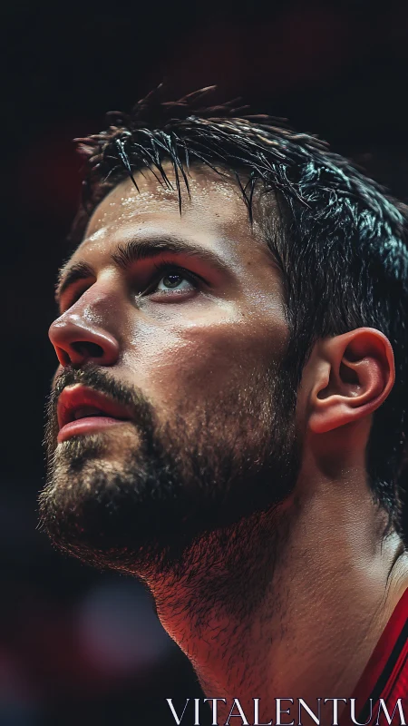 Sweatlit courtside gaze under arena lights, locked on victory.