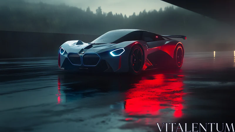 Futuristic sports car sits on wet track under moody rain