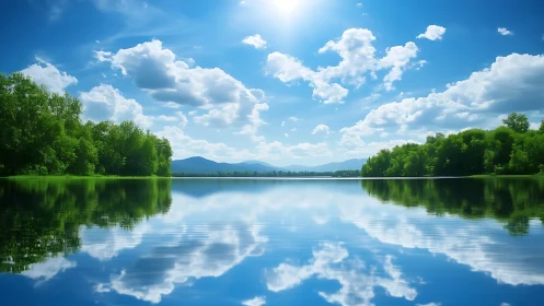 High-noon lakeside panorama with mirrored cumulus reflections