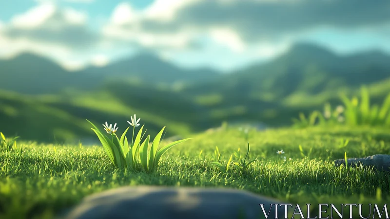 Gentle wildflowers glow softly in a sunlit green valley