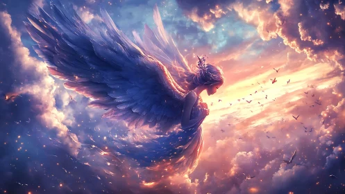 Luminous winged seraph in radiant celestial cloudscape digital painting.